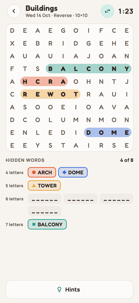 A Hilo word search half solved, the words found marked in colour