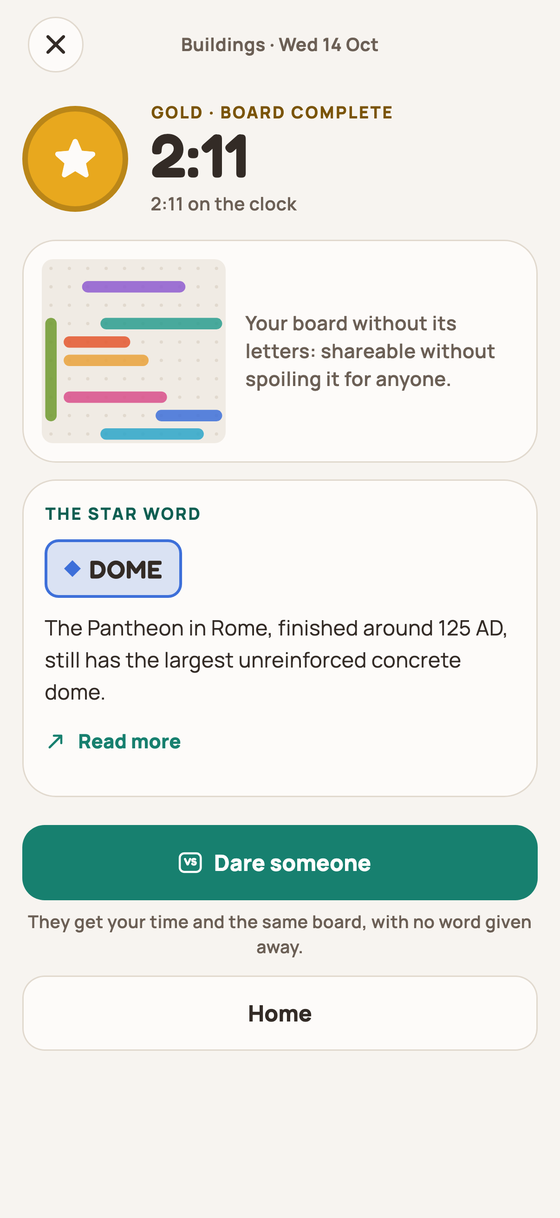 A finished board's result with the time, the medal and the star word
