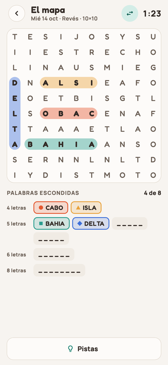 Sopa de letras de Hilo a medio resolver, con las palabras encontradas marcadas en colores