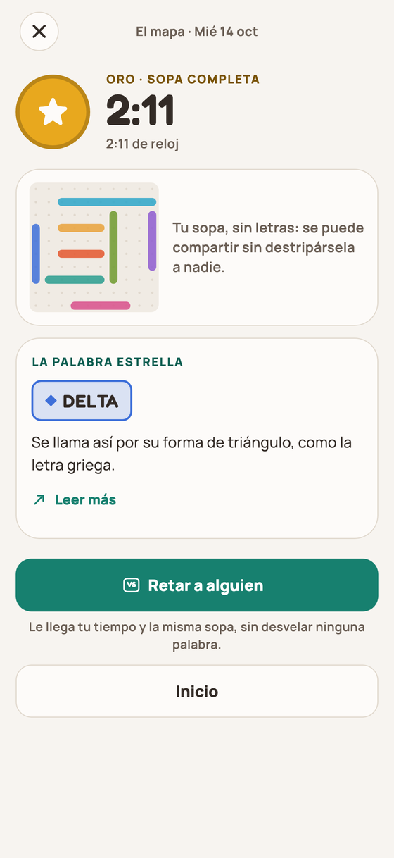 Resultado de una sopa con el tiempo, la medalla y la palabra estrella