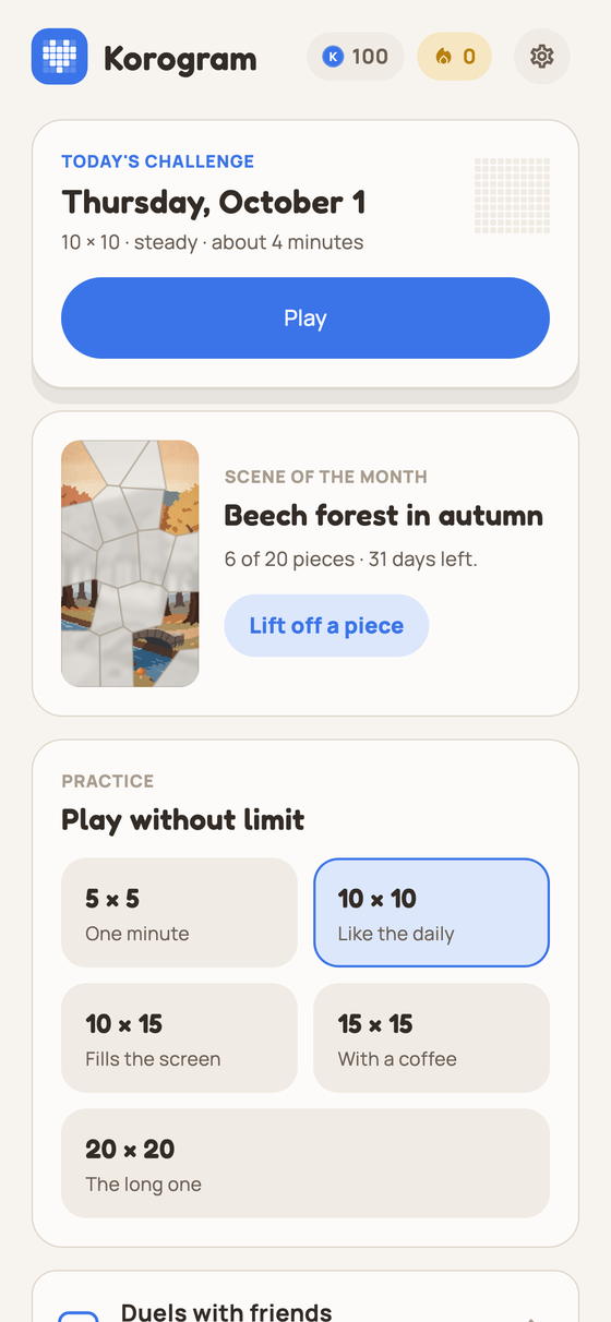 Home screen with today's challenge and the scene of the month