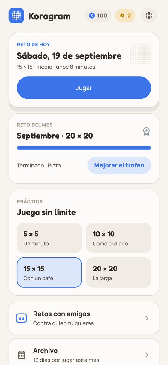 Pantalla principal con el reto del día y la racha