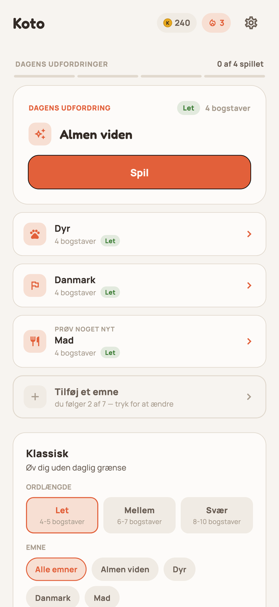 Startskærm med dagens udfordring, mønter og stime