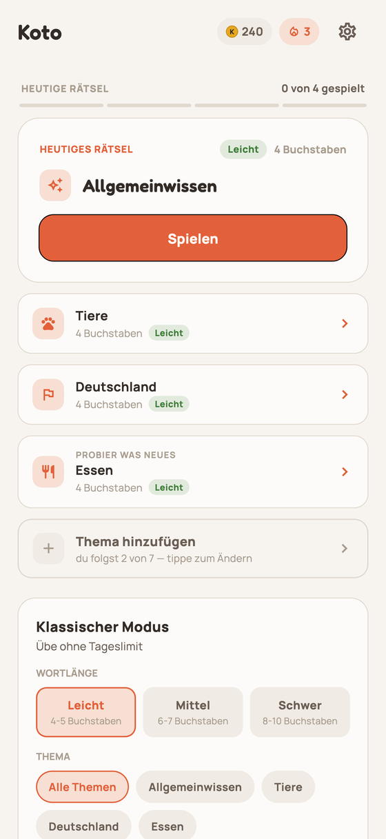 Startbildschirm mit dem heutigen Rätsel, Münzen und Serie