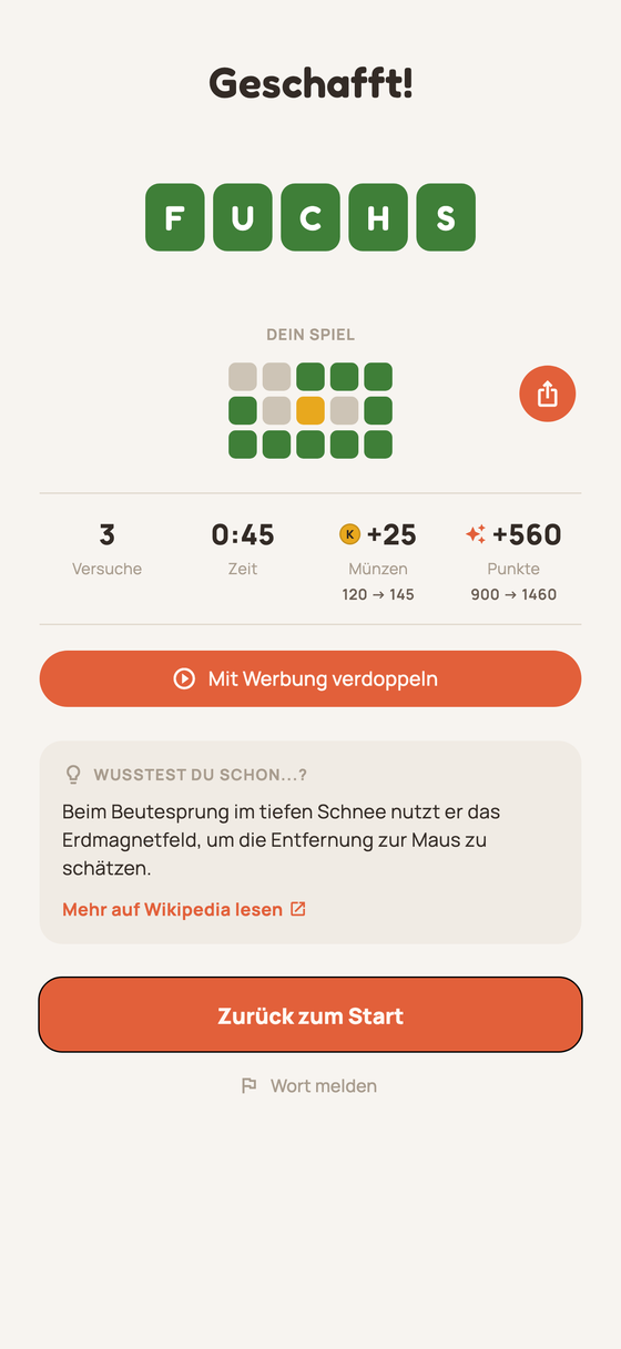Siegbildschirm mit dem Ergebnisraster