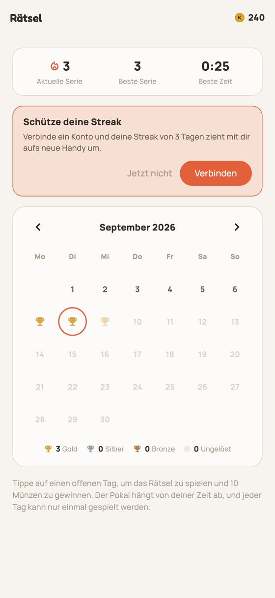 Kalender der täglichen Rätsel mit Trophäen