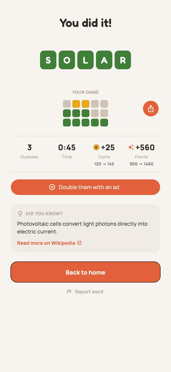 Win screen with the result grid