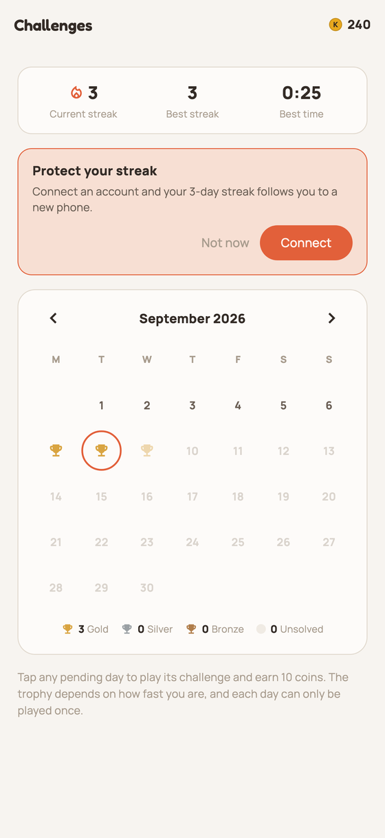 Calendar of daily puzzles with trophies