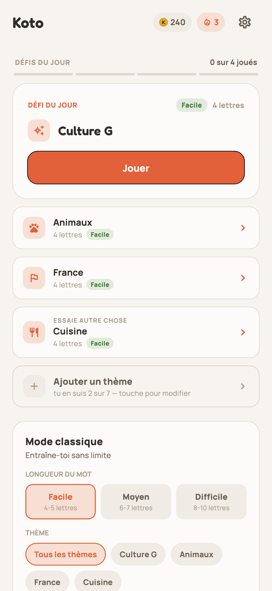Écran d'accueil avec le défi du jour, les pièces et la série