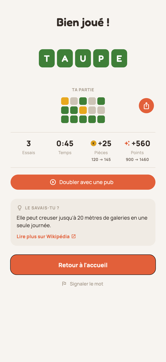 Écran de victoire avec la grille de résultat
