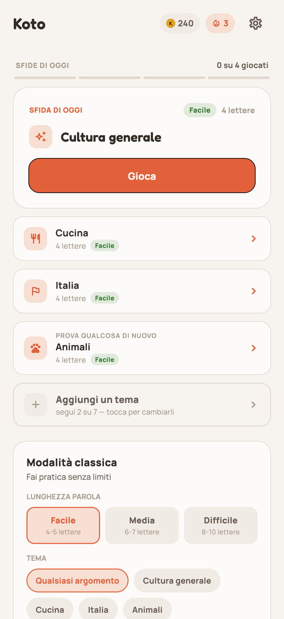 Schermata principale con la sfida del giorno, monete e serie