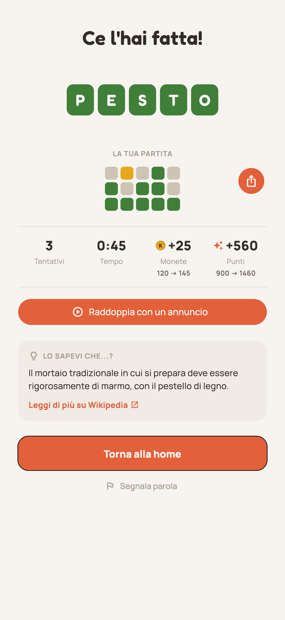 Schermata di vittoria con la griglia del risultato