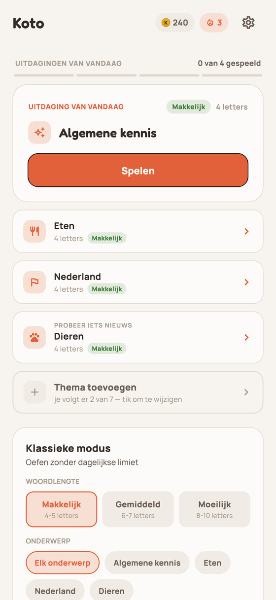 Hoofdscherm met de uitdaging van de dag, munten en streak