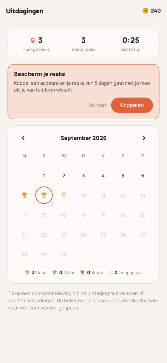Kalender met dagelijkse uitdagingen en trofeeën
