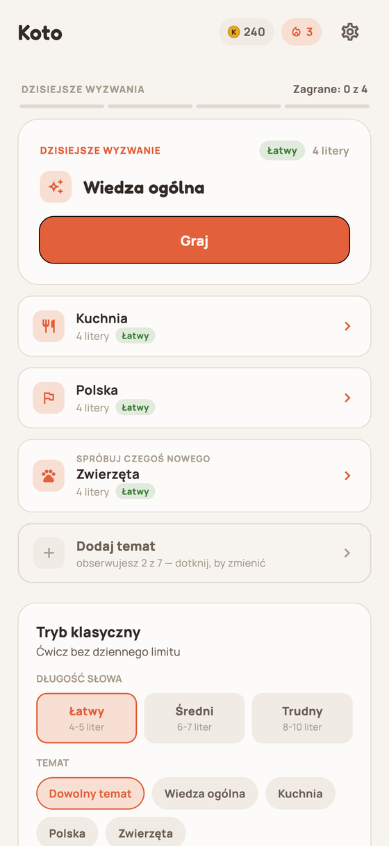 Ekran główny z wyzwaniem dnia, monetami i serią