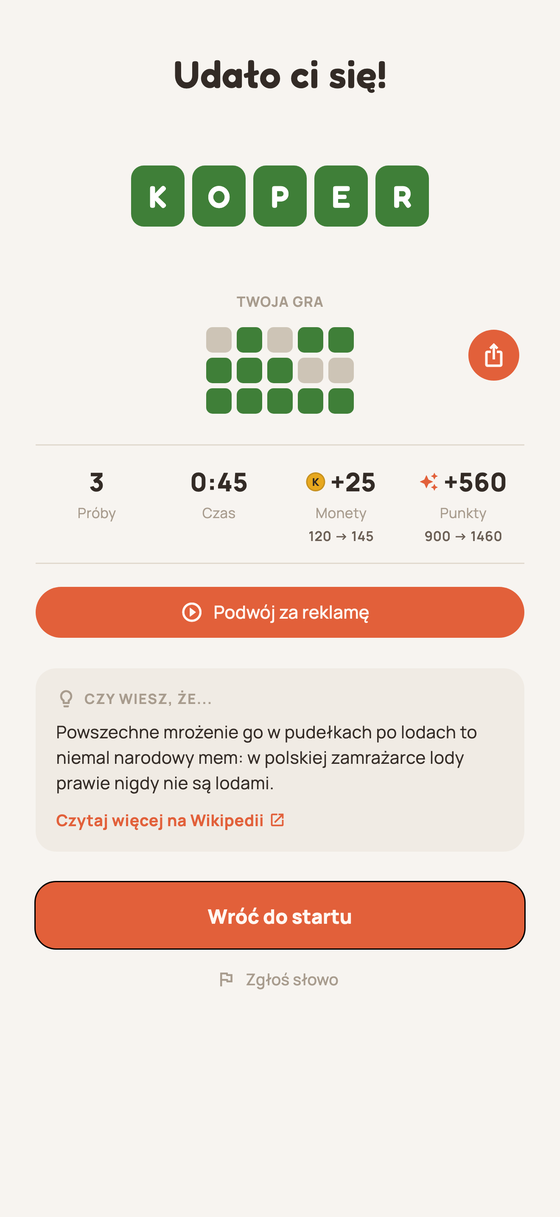 Ekran zwycięstwa z siatką wyników