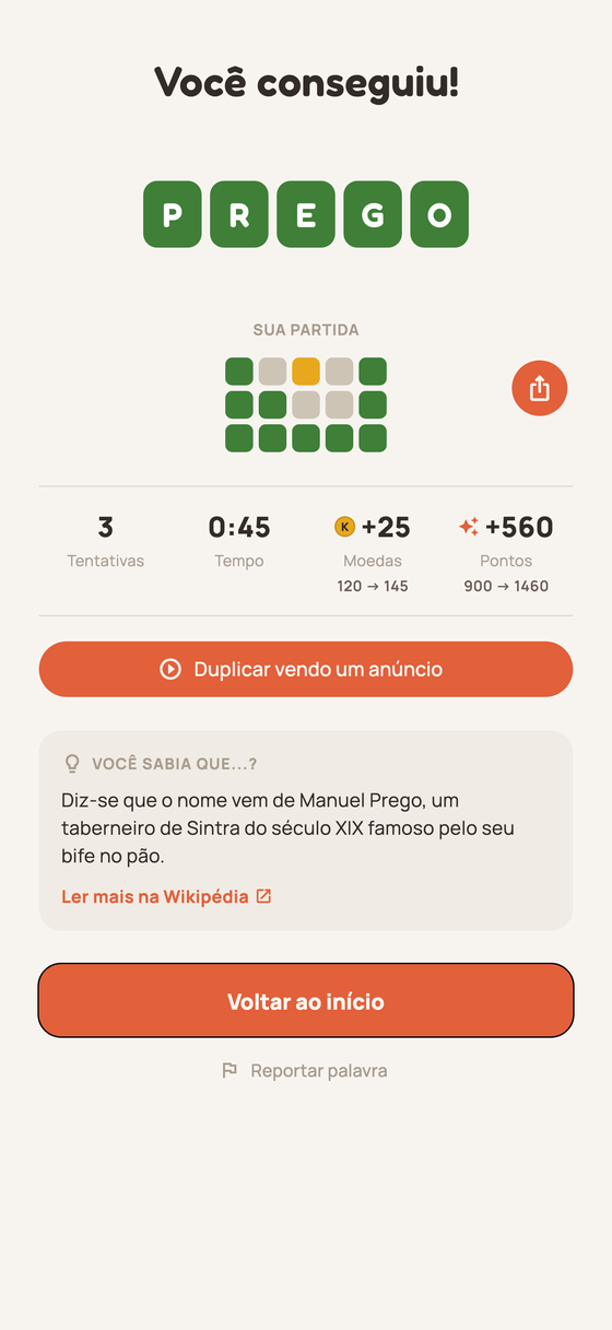 Ecrã de vitória com a grelha de resultado