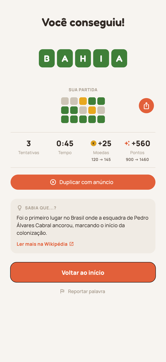 Tela de vitória com a grade de resultados