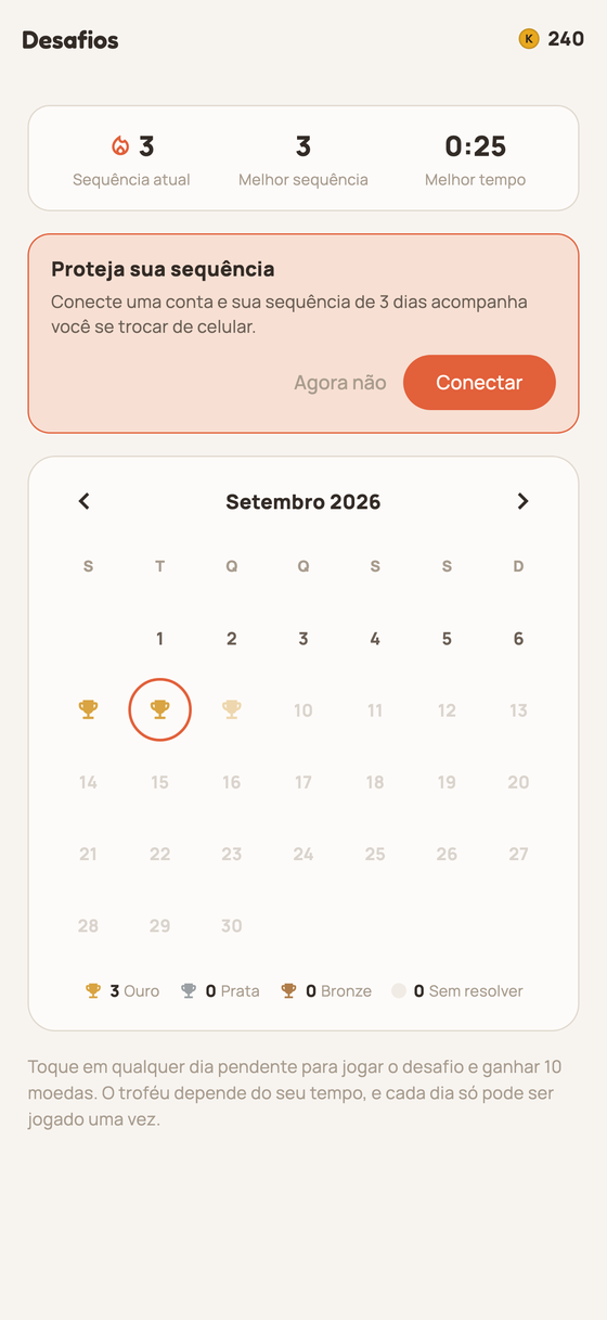 Calendário de desafios diários com troféus