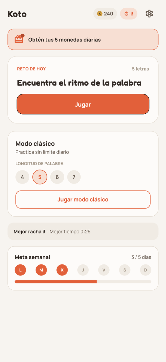 Pantalla principal con el reto del día, monedas y racha