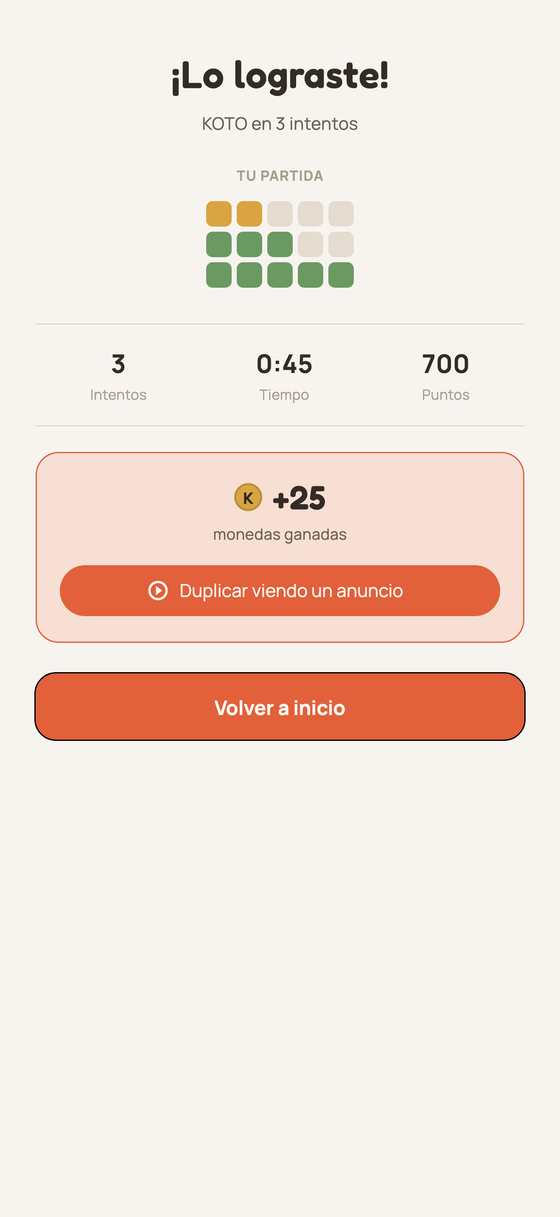 Pantalla de victoria con la rejilla de resultado
