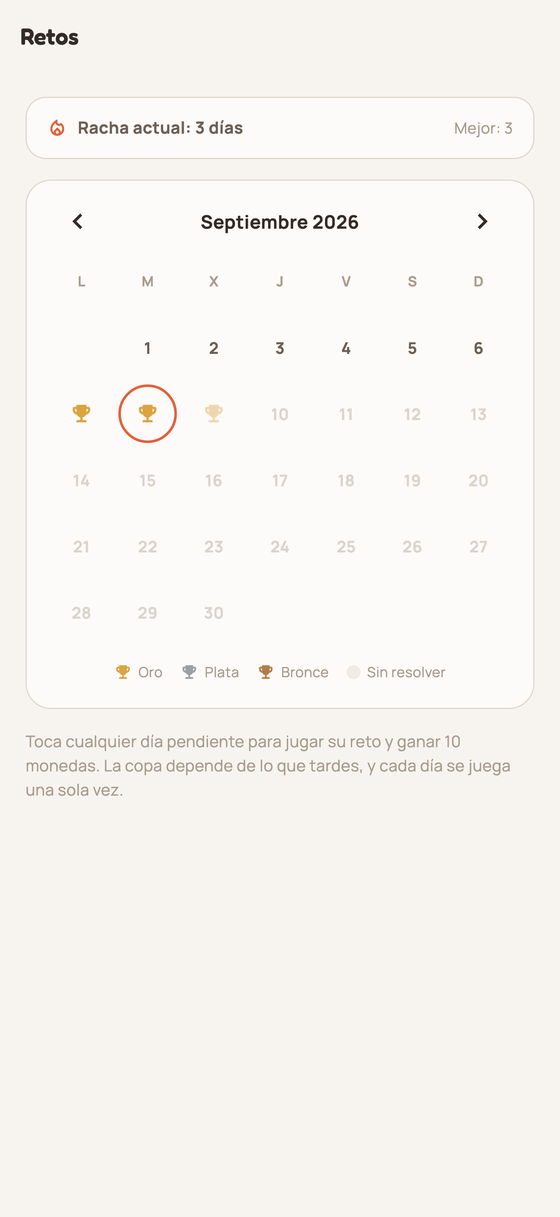 Calendario de retos diarios con trofeos