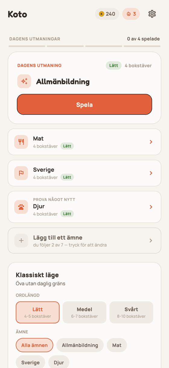Huvudskärm med dagens utmaning, mynt och streak