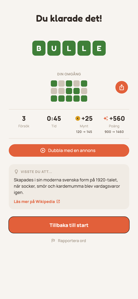 Segerskärm med resultatrutnät