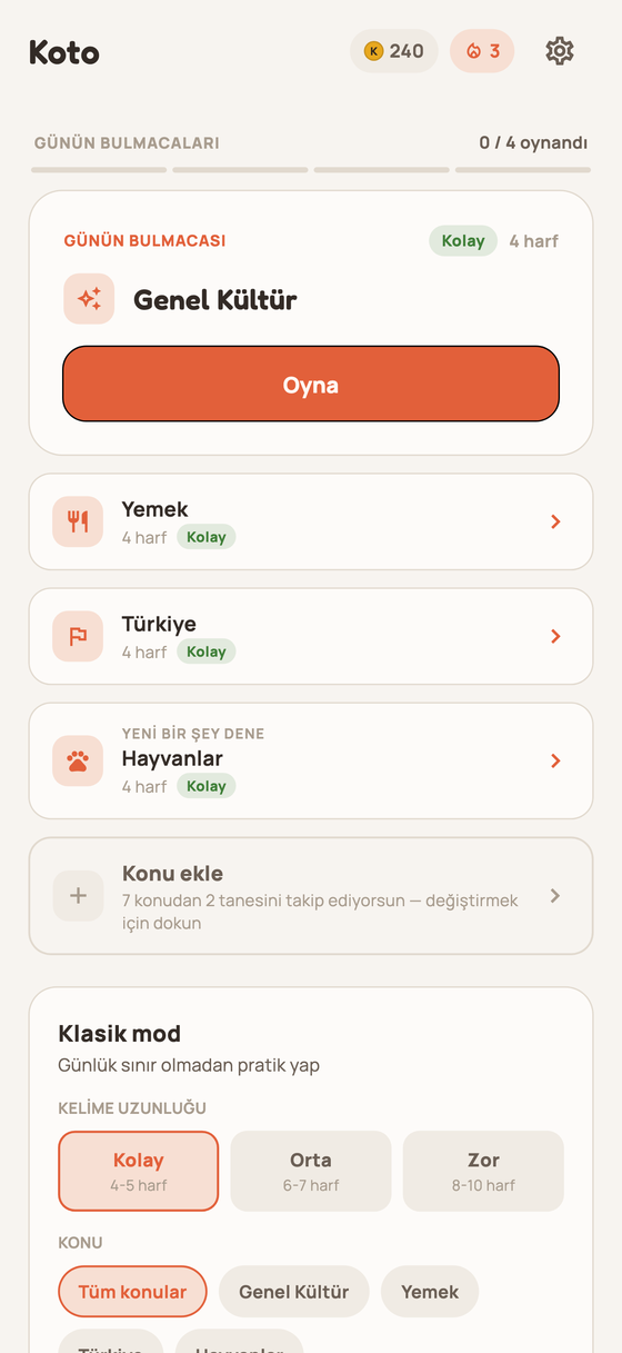 Günün bulmacası, jetonlar ve seri ile ana ekran