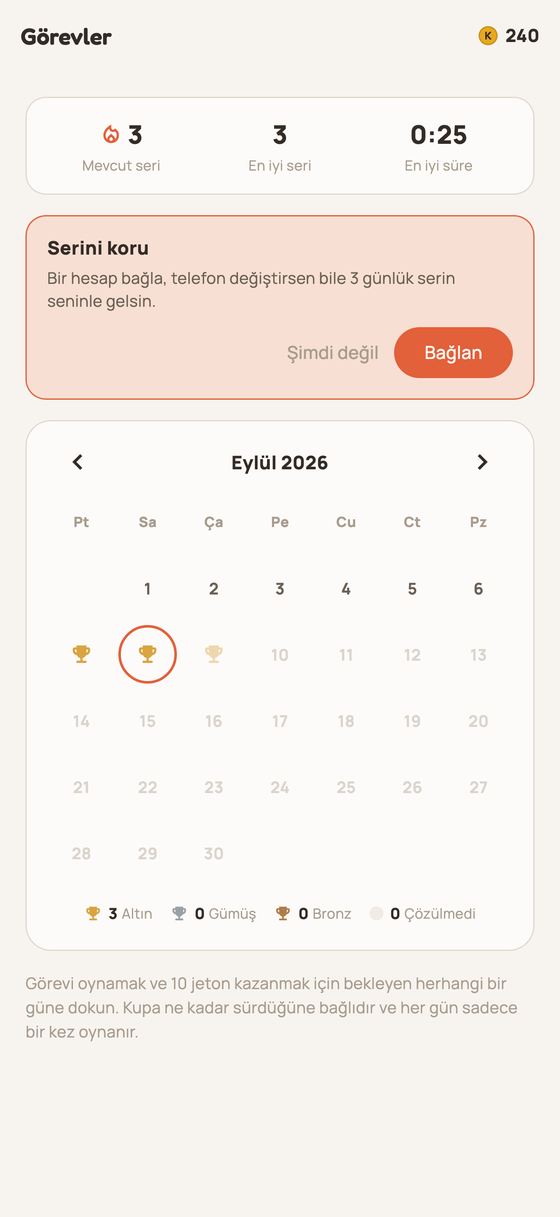 Kupalarla günlük bulmaca takvimi